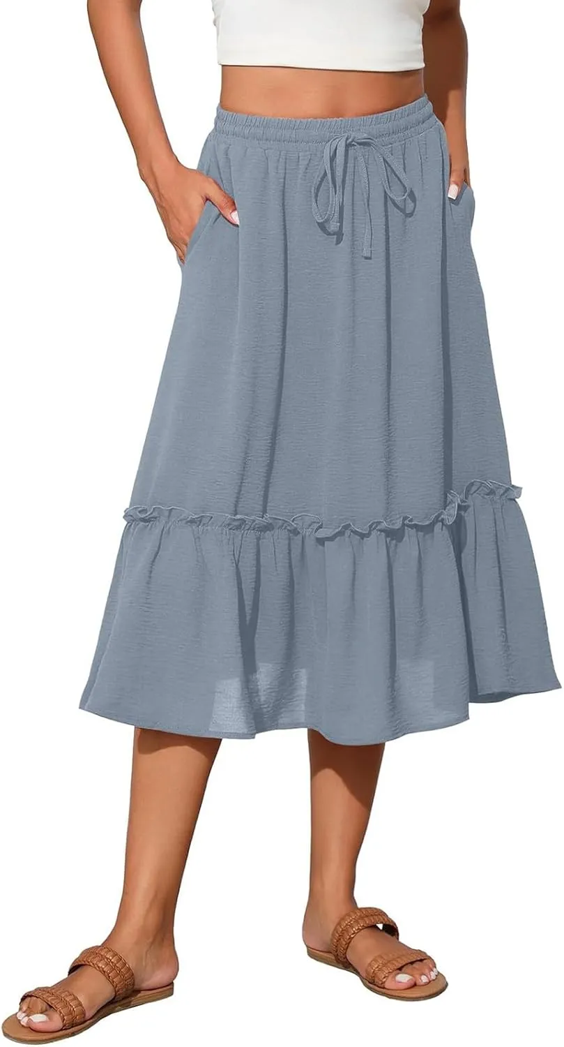 2025 Pleated Midi Length Skirt for Women Trendy Summer Casual Elastic High Waist A-Line Flowy Beach Vacation Skirts