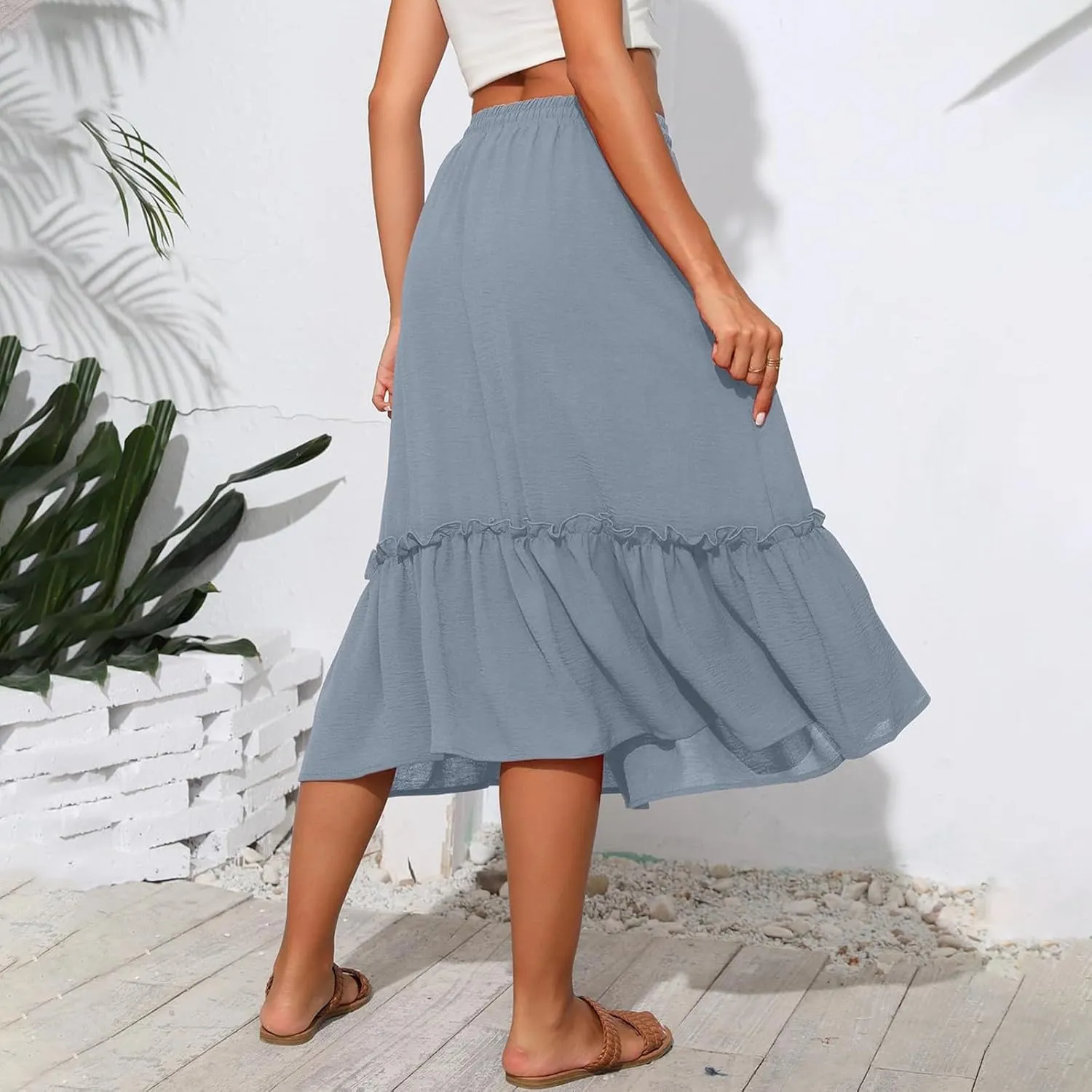 2025 Pleated Midi Length Skirt for Women Trendy Summer Casual Elastic High Waist A-Line Flowy Beach Vacation Skirts
