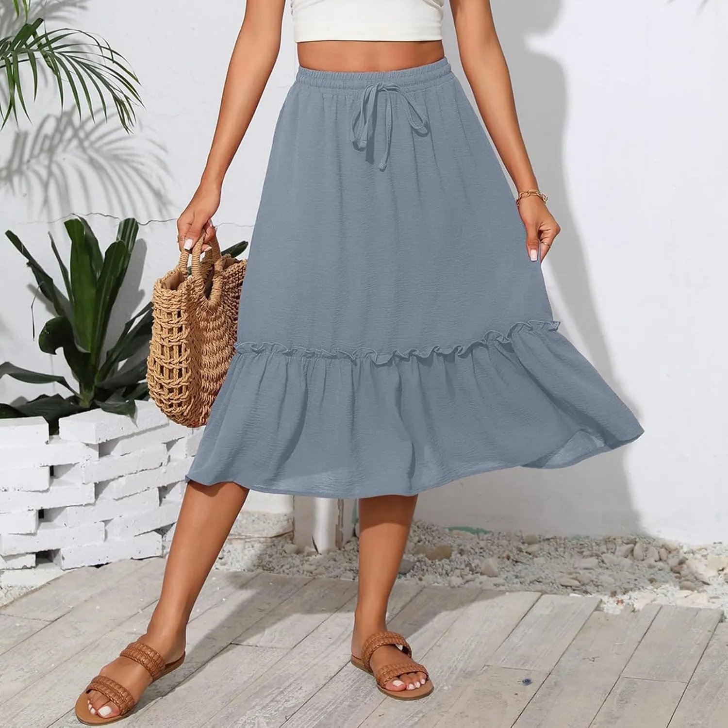 2025 Pleated Midi Length Skirt for Women Trendy Summer Casual Elastic High Waist A-Line Flowy Beach Vacation Skirts