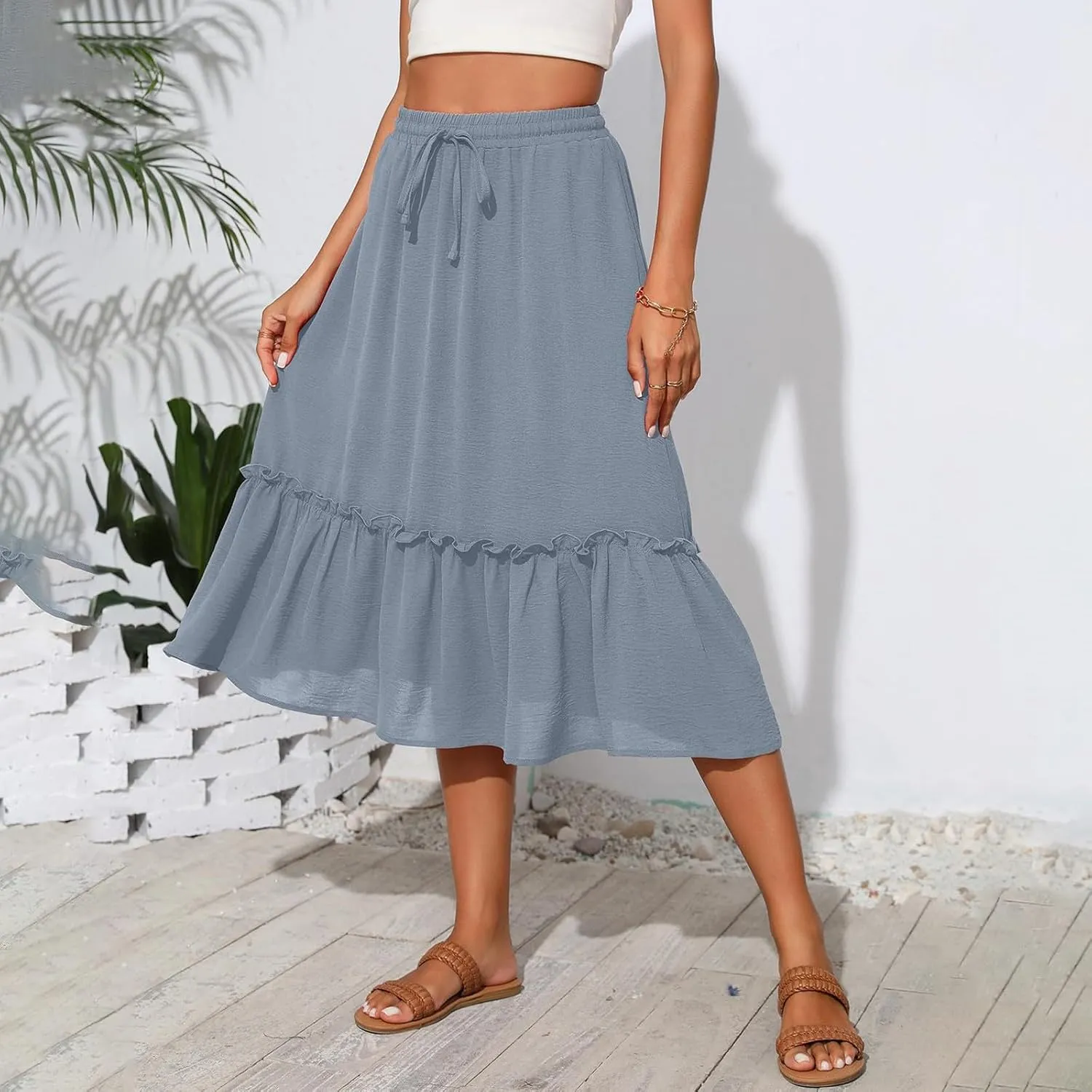 2025 Pleated Midi Length Skirt for Women Trendy Summer Casual Elastic High Waist A-Line Flowy Beach Vacation Skirts