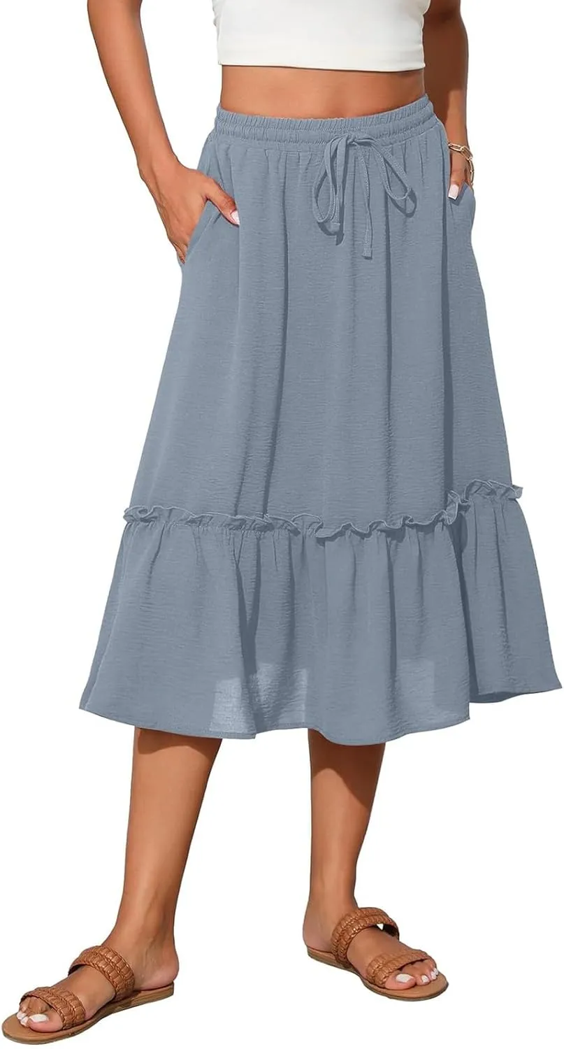 2025 Pleated Midi Length Skirt for Women Trendy Summer Casual Elastic High Waist A-Line Flowy Beach Vacation Skirts