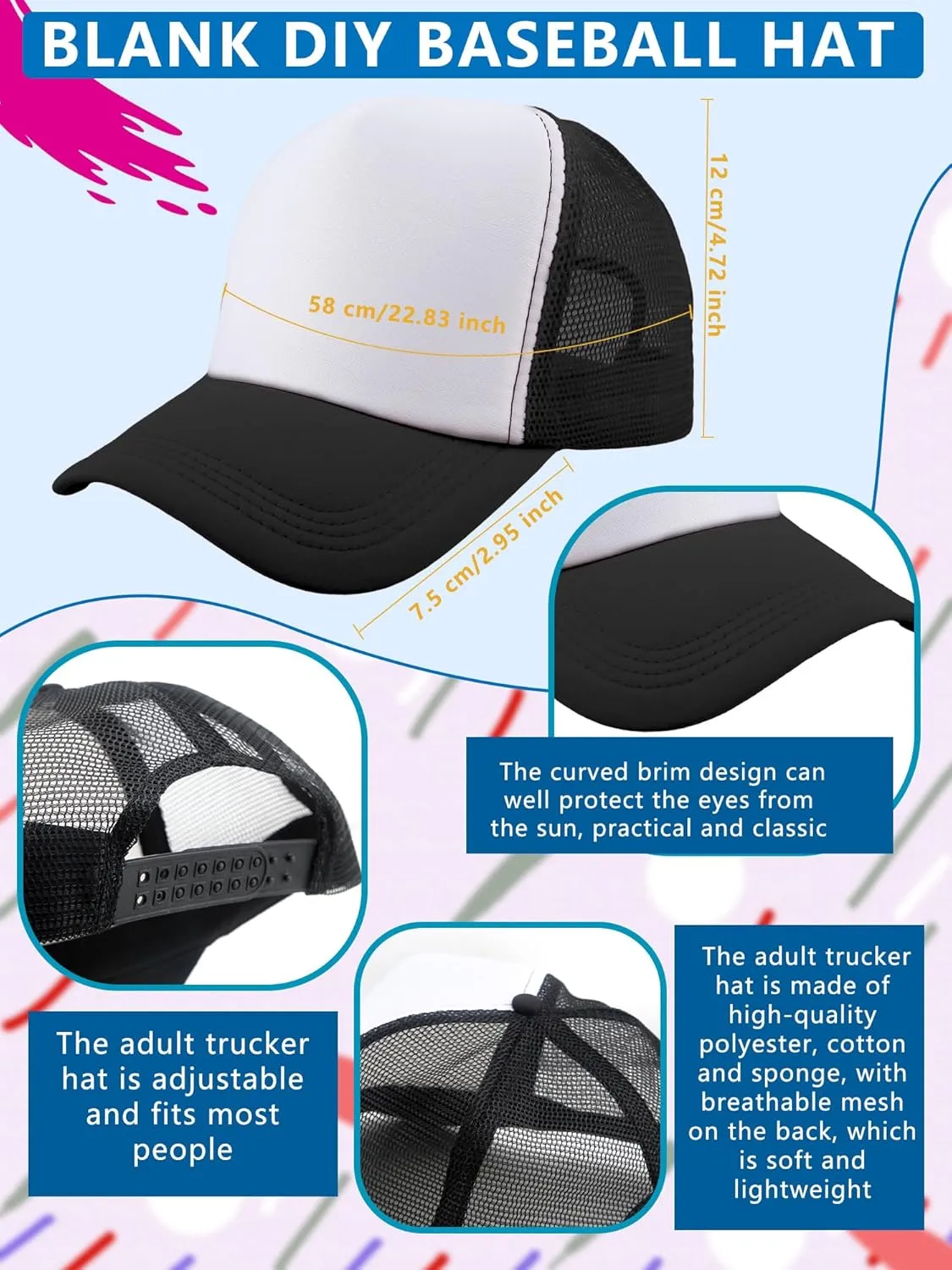 45 Pcs Adult Sublimation Trucker Caps Bulk DIY Baseball Hats Mesh Trucker Hats for Men Women Running Baseball