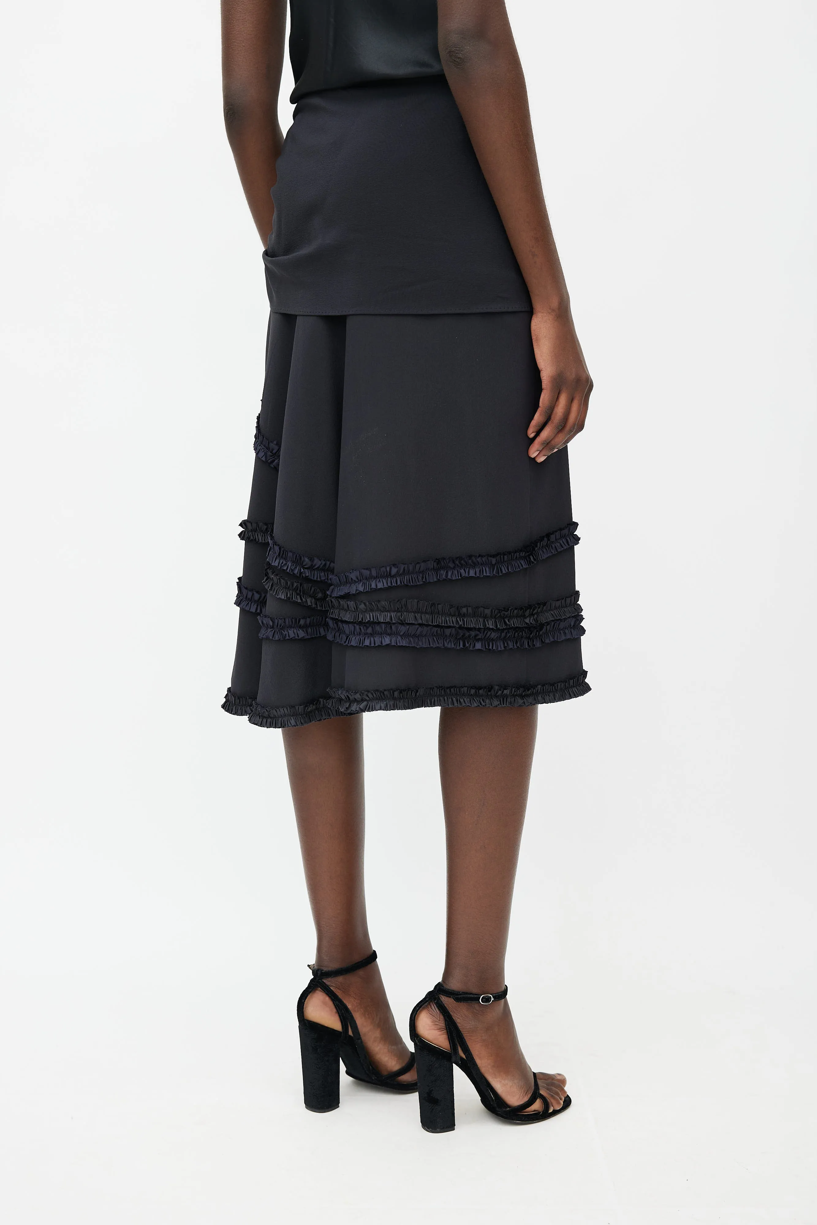 Black Silk Ruffle Midi Skirt