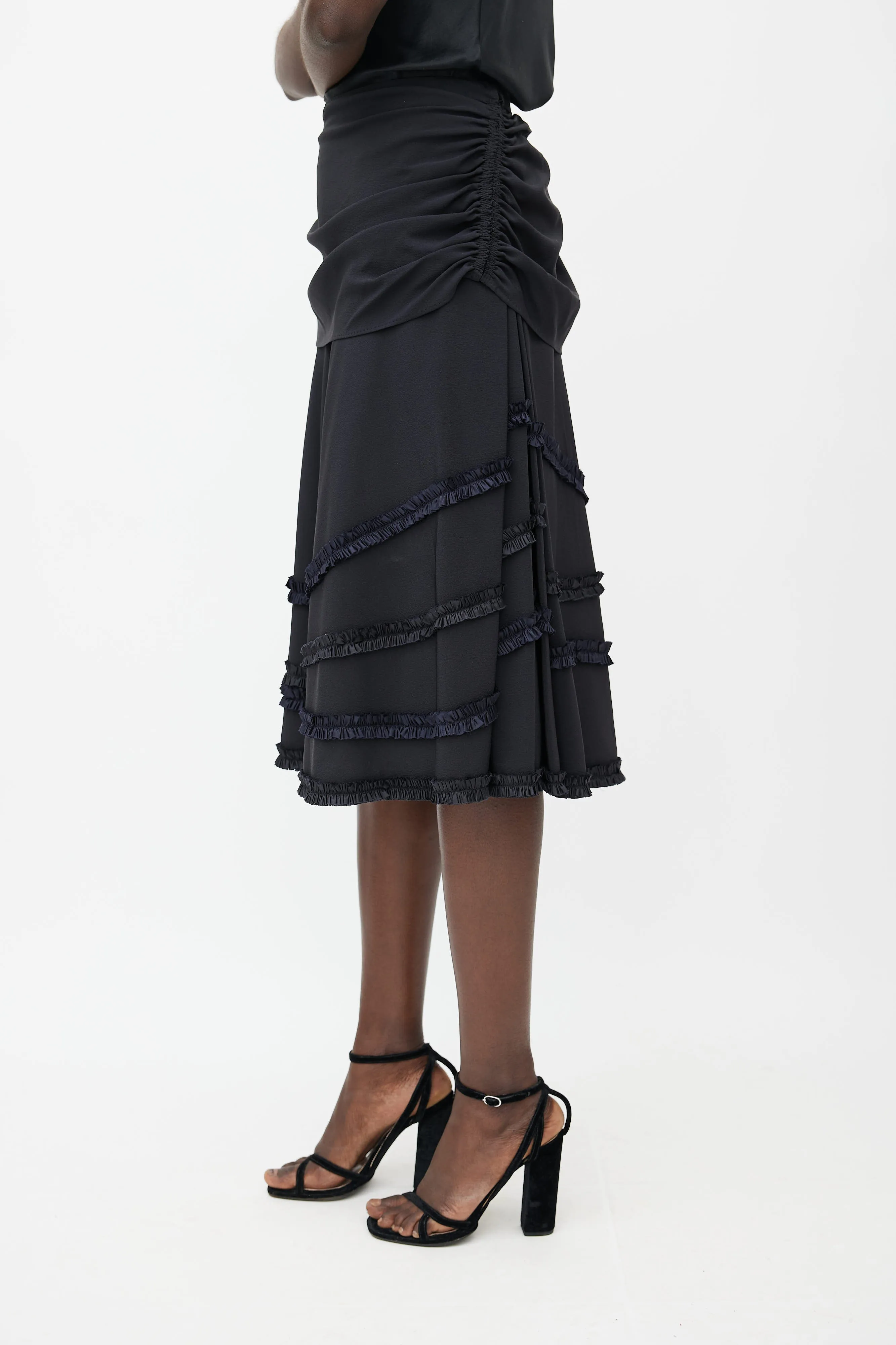 Black Silk Ruffle Midi Skirt