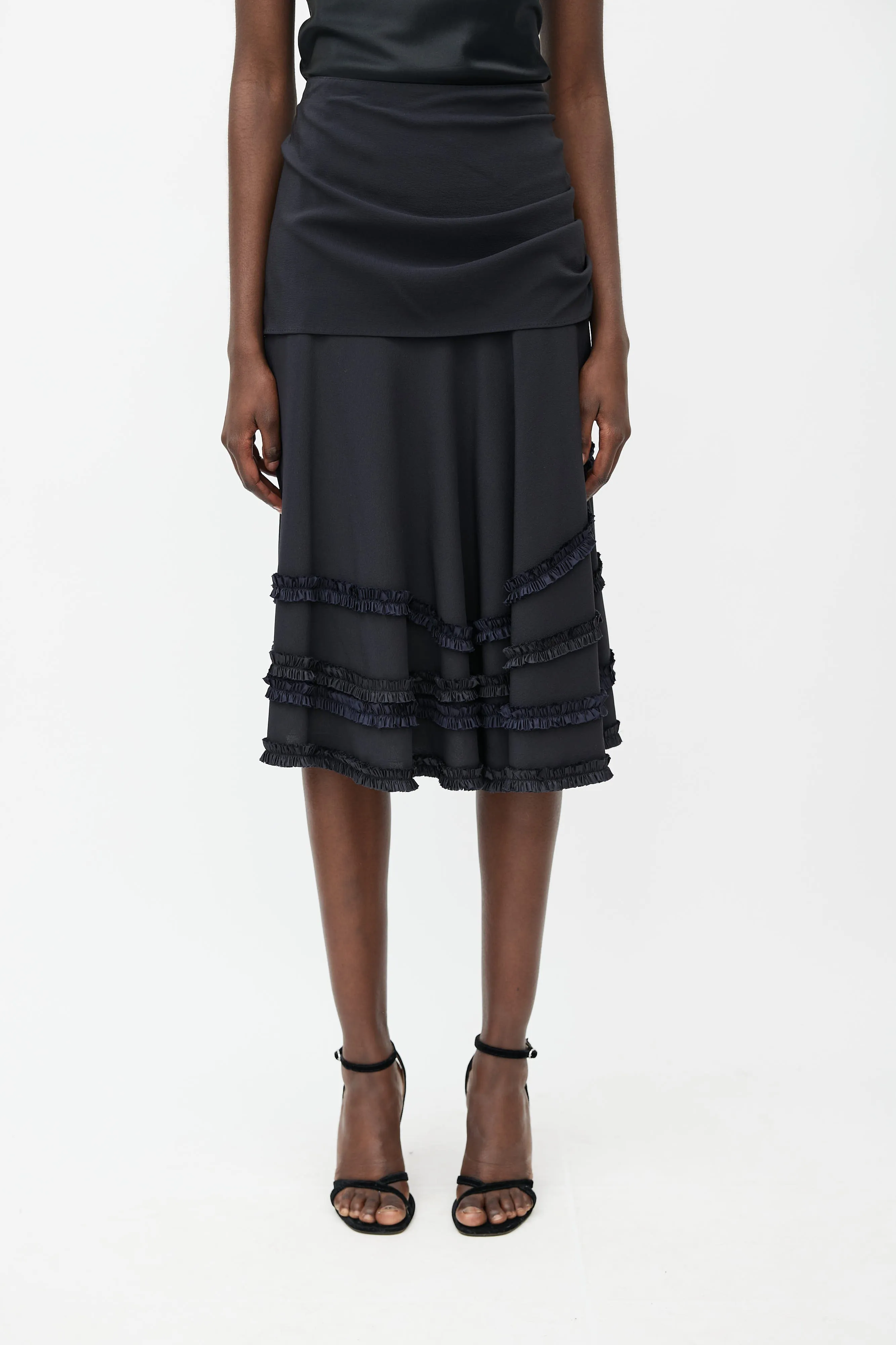 Black Silk Ruffle Midi Skirt