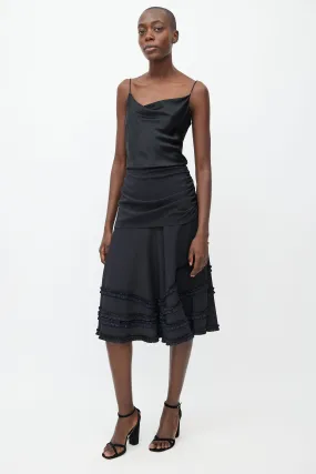 Black Silk Ruffle Midi Skirt