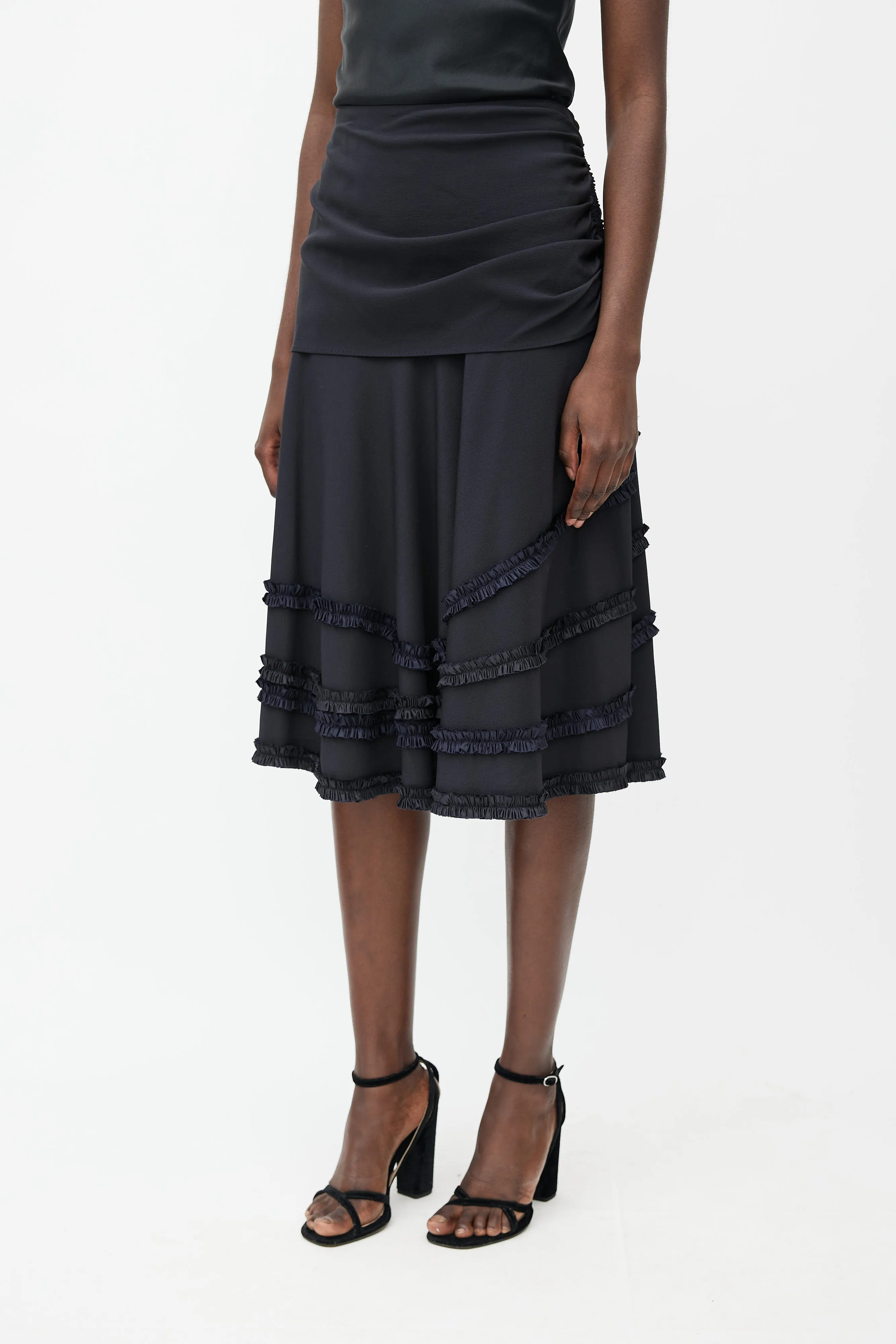 Black Silk Ruffle Midi Skirt