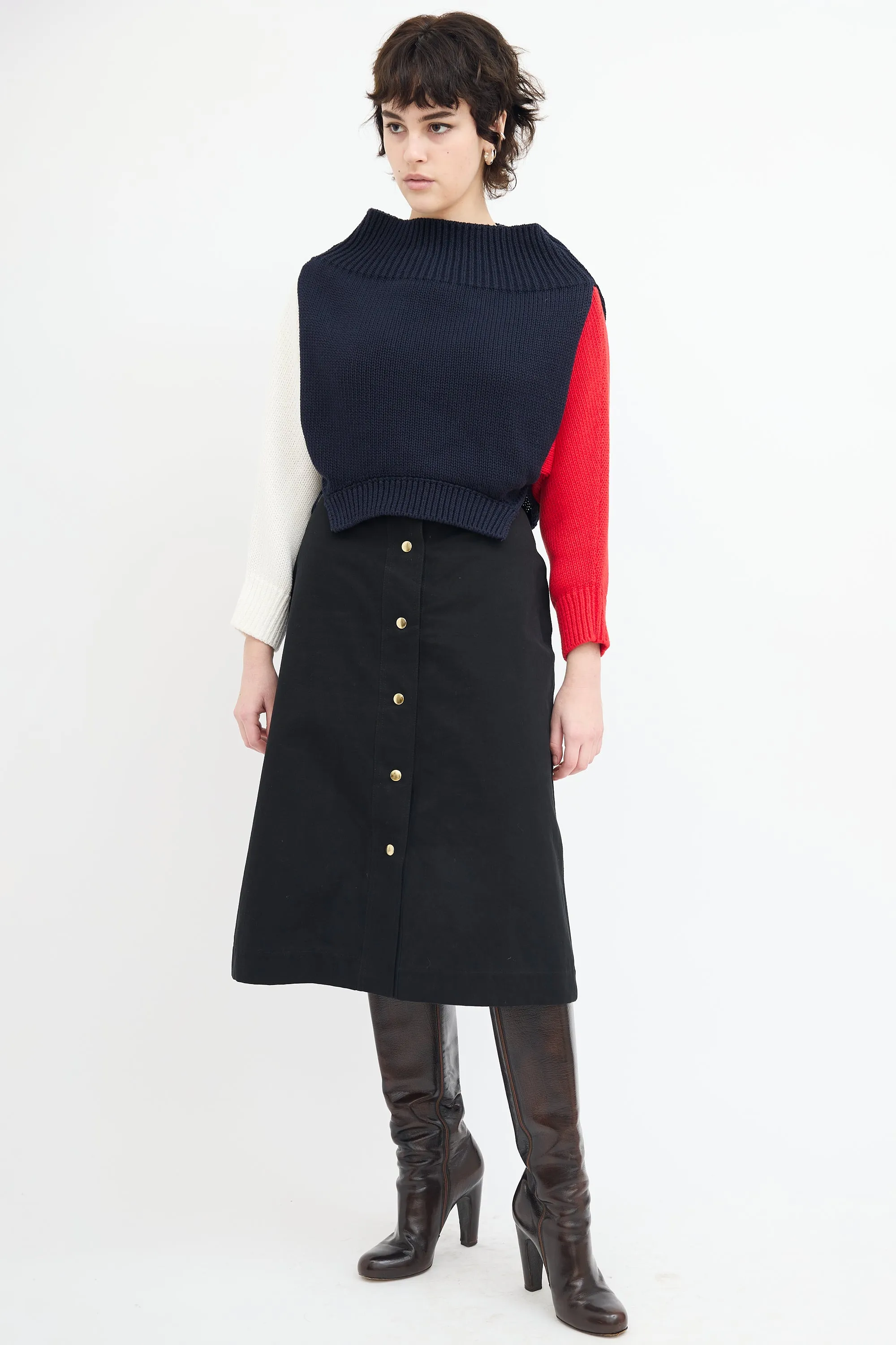 Black Snap Button Midi Skirt