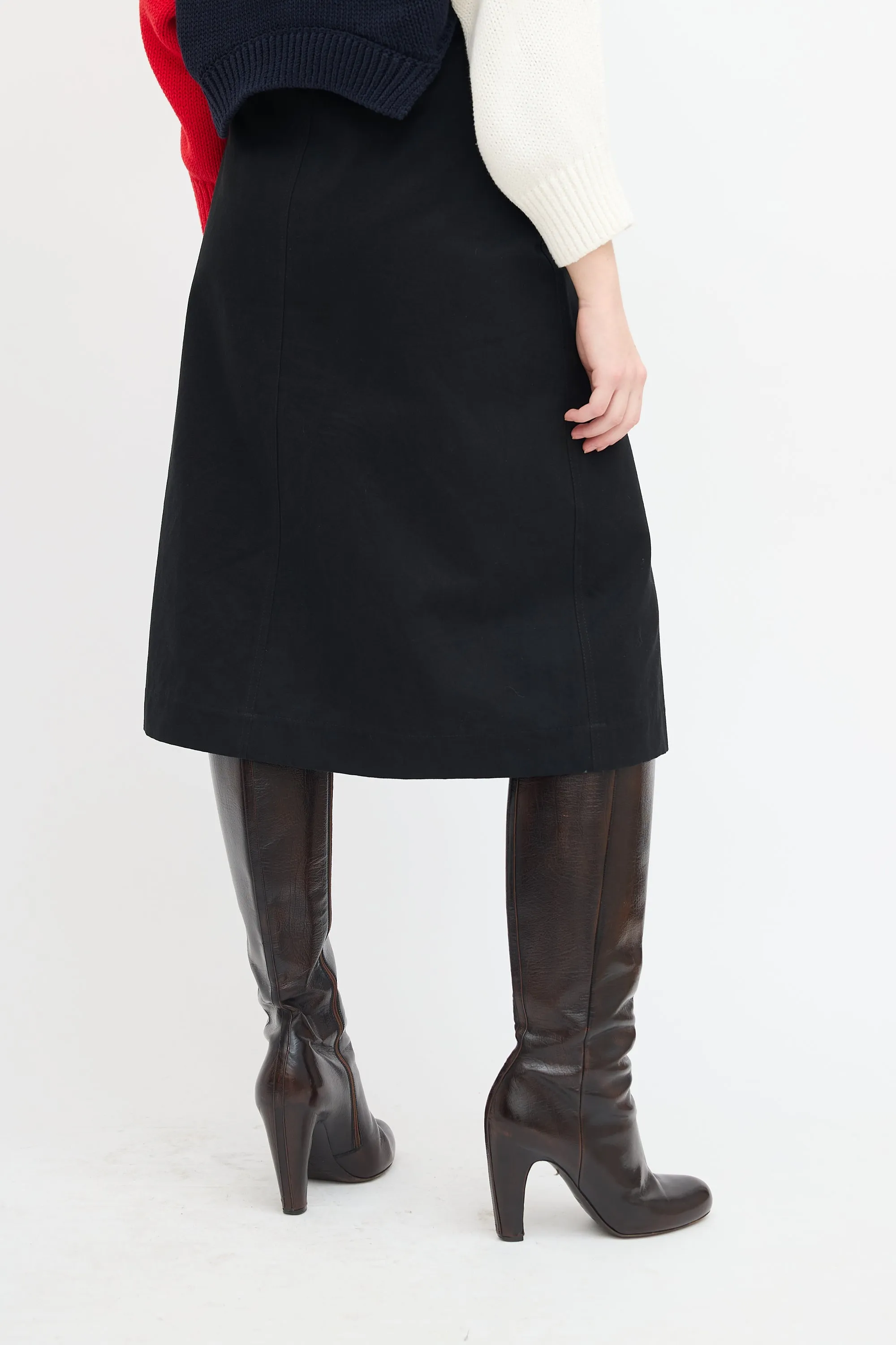Black Snap Button Midi Skirt