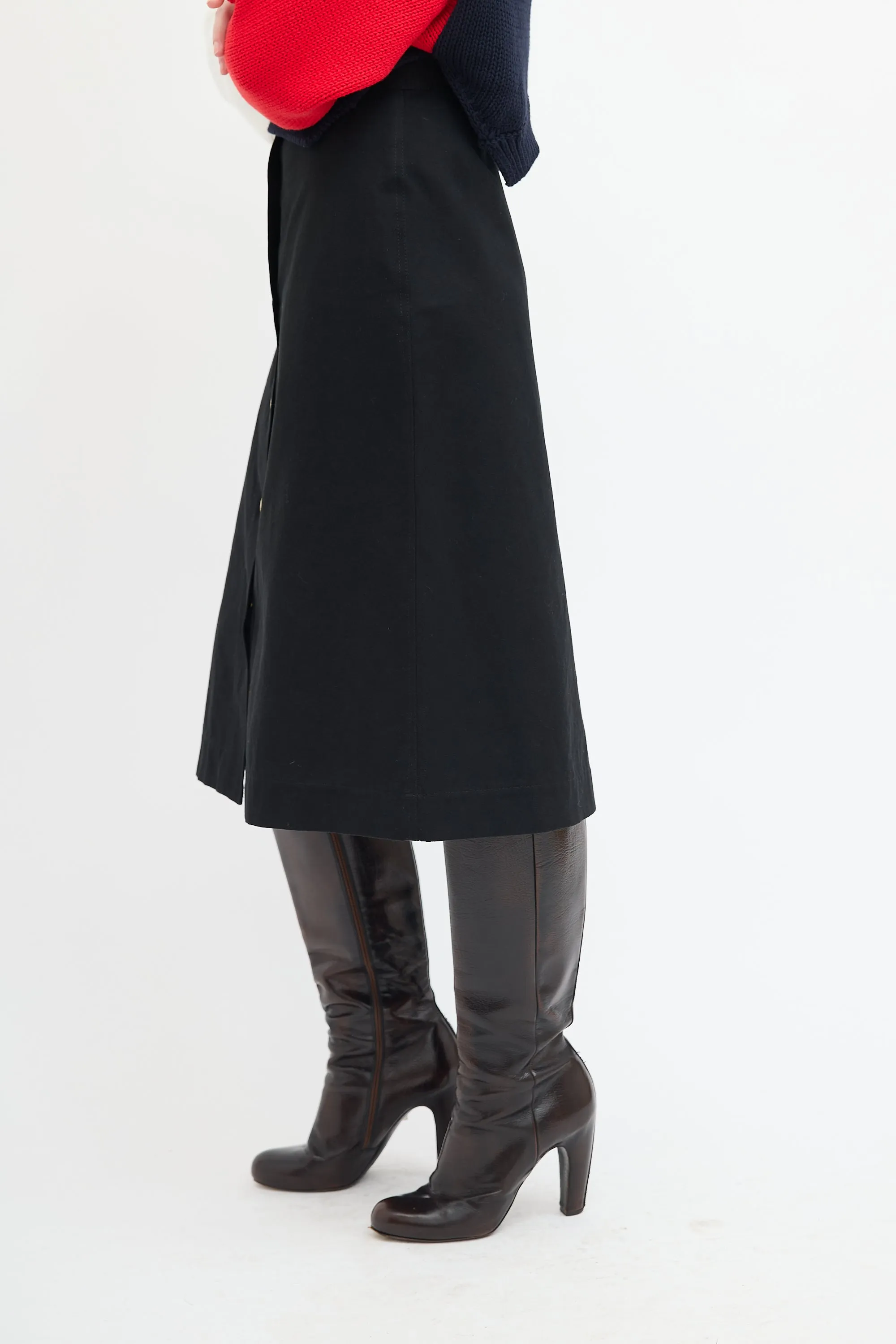 Black Snap Button Midi Skirt