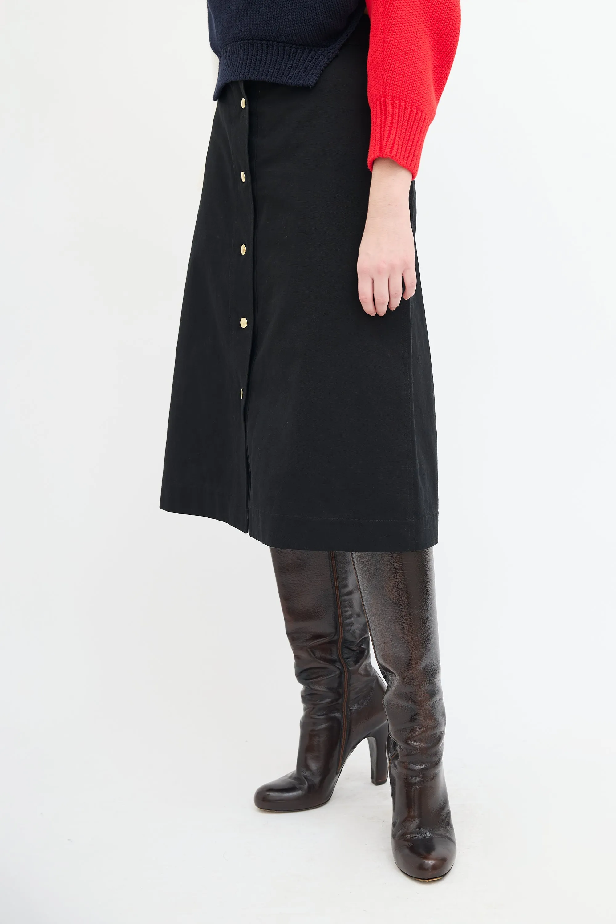 Black Snap Button Midi Skirt