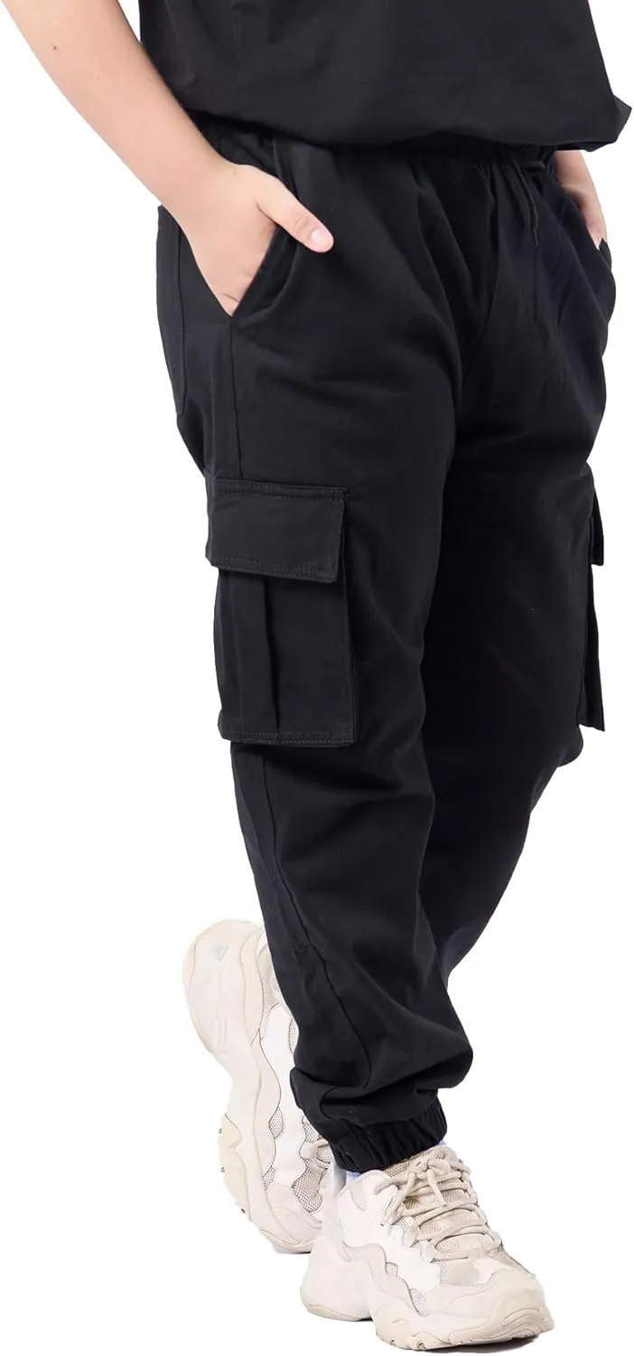 Boys Cargo Joggers Drawstring Jogging Pants Kids Elastic Waist Trousers 5-14 Years