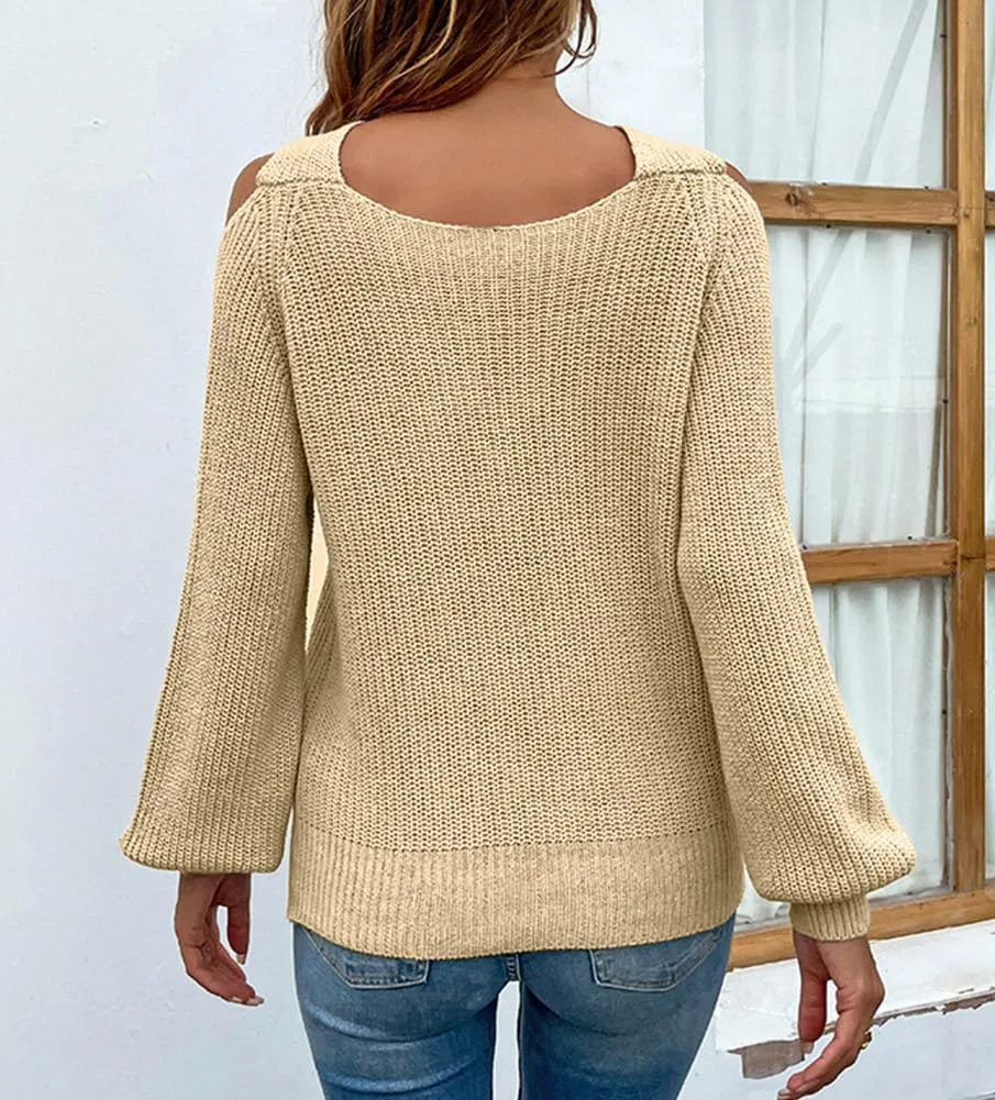 chouyatou Women's Fall Sexy Criss Cross Halter Neck Cold Shoulder Tops Cutout Knit Sweater