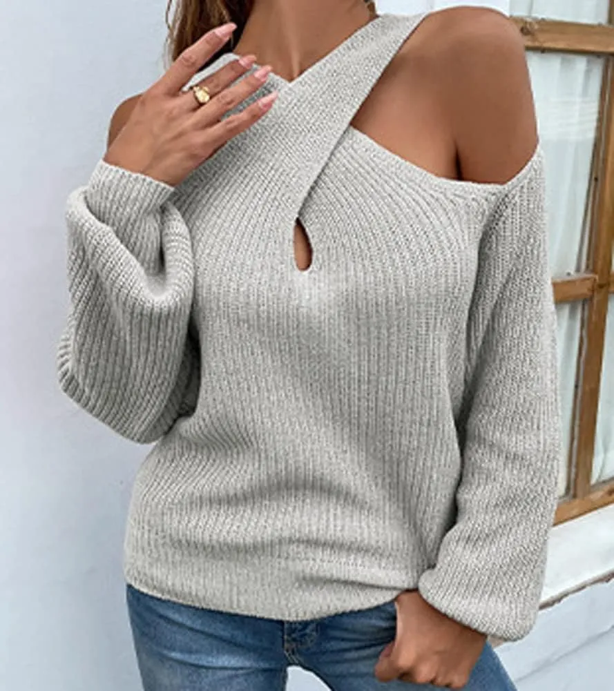 chouyatou Women's Fall Sexy Criss Cross Halter Neck Cold Shoulder Tops Cutout Knit Sweater