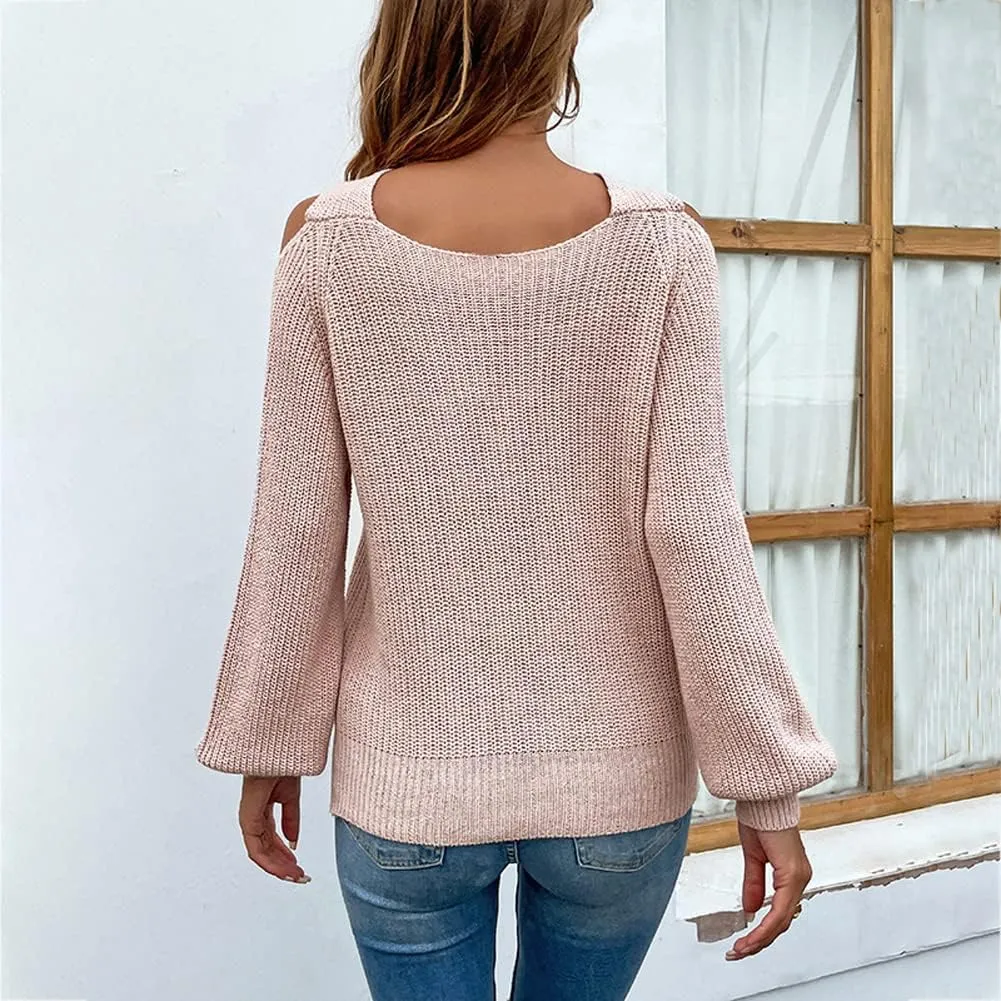 chouyatou Women's Fall Sexy Criss Cross Halter Neck Cold Shoulder Tops Cutout Knit Sweater