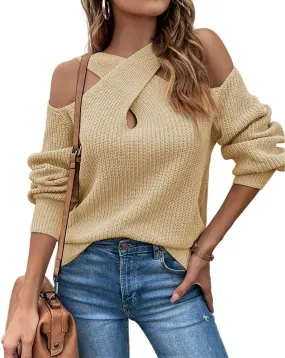 chouyatou Women's Fall Sexy Criss Cross Halter Neck Cold Shoulder Tops Cutout Knit Sweater