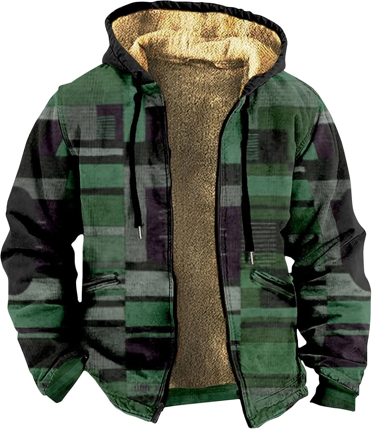 Fleece Lined Jackets for Men Winter Zip Up Coats Fashion Warm Hoodies Jackets Sherpa Lined Sweatshirts with Pocket