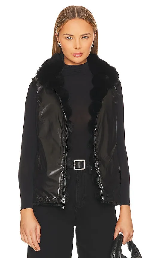 jocelyn Plush Faux Fur Reversible Vest in Black