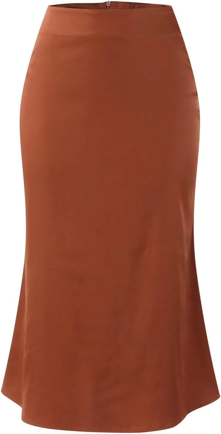 Knee Length Skirts for Women High Elastic Waist Business Satin A-Line Workout Skirts for Women Back Zipper