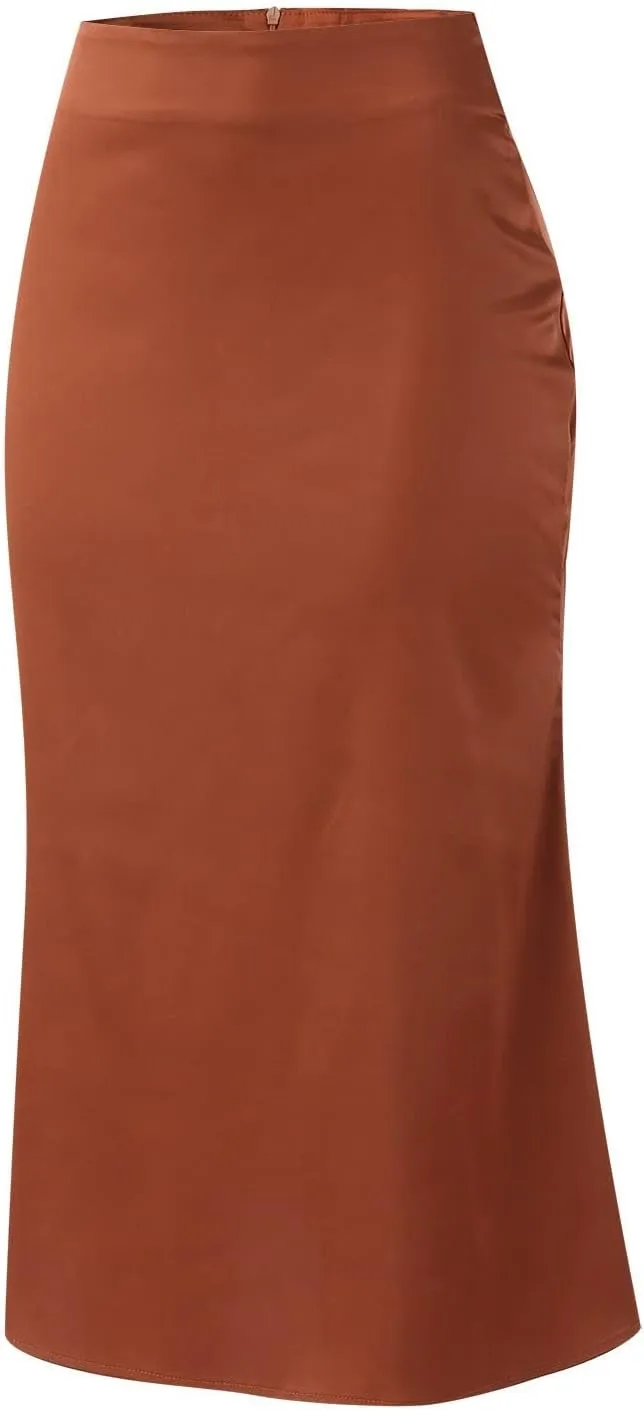 Knee Length Skirts for Women High Elastic Waist Business Satin A-Line Workout Skirts for Women Back Zipper