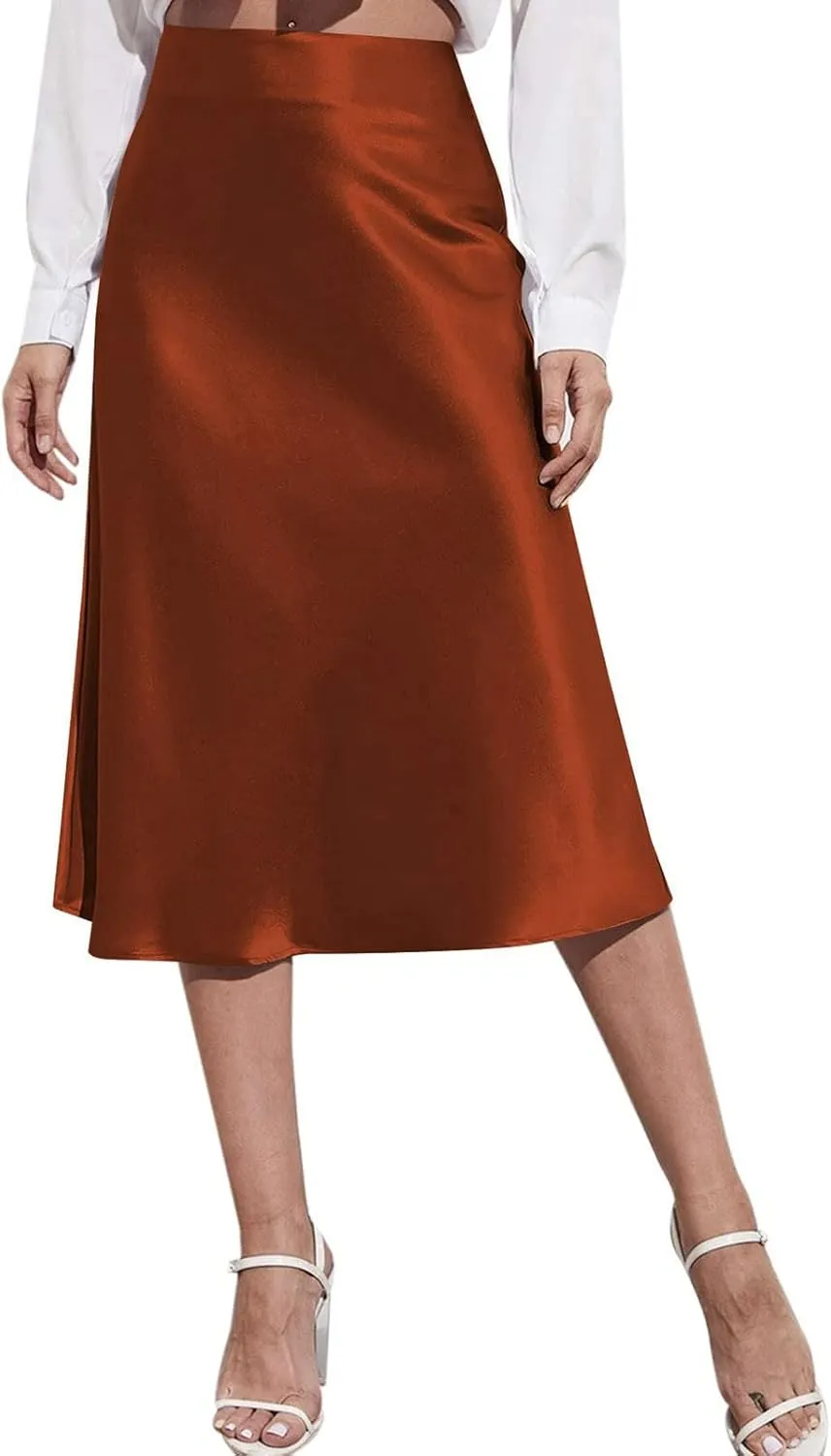 Knee Length Skirts for Women High Elastic Waist Business Satin A-Line Workout Skirts for Women Back Zipper