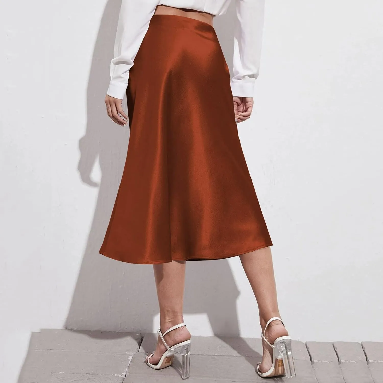 Knee Length Skirts for Women High Elastic Waist Business Satin A-Line Workout Skirts for Women Back Zipper