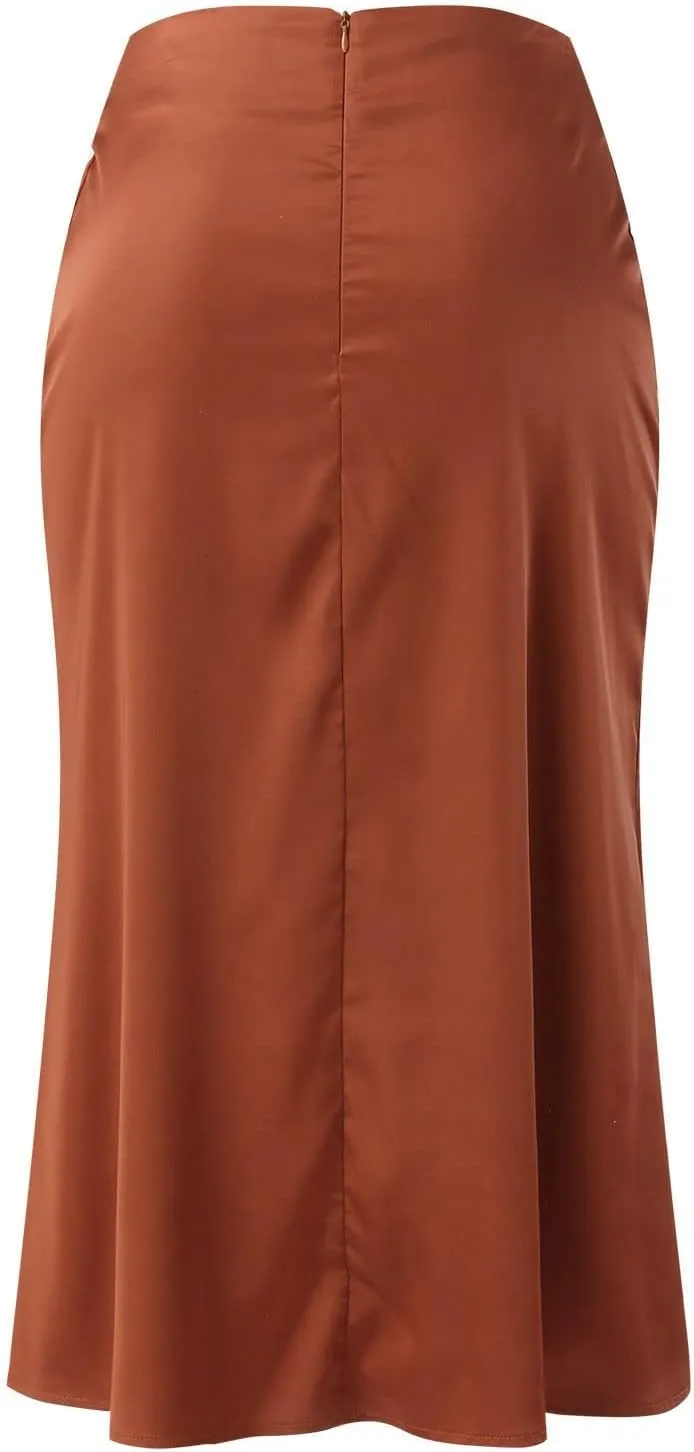 Knee Length Skirts for Women High Elastic Waist Business Satin A-Line Workout Skirts for Women Back Zipper