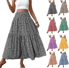 Long Flowy Skirts for Women Boho Chiffon Elastic High Waist Pleated A-Line Flared Maxi Skirt Summer Beach Skirts
