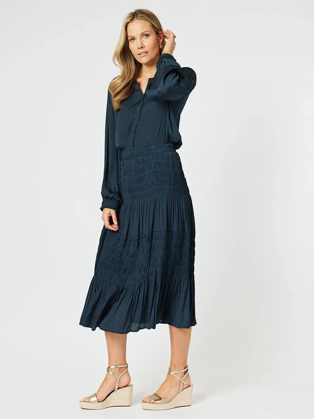 LUXE SHIRRED SKIRT NAVY