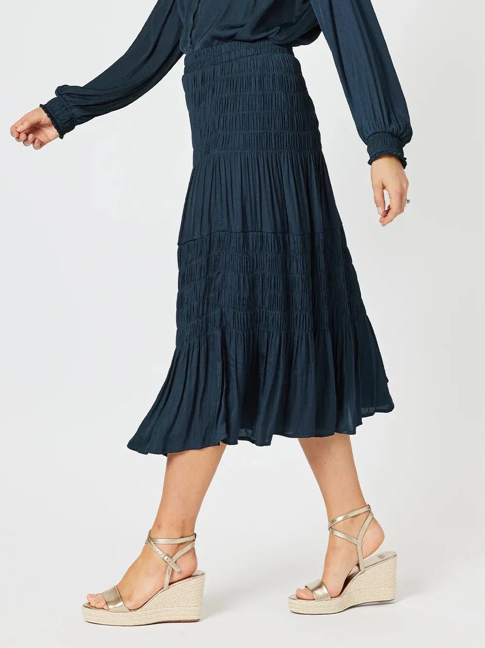LUXE SHIRRED SKIRT NAVY