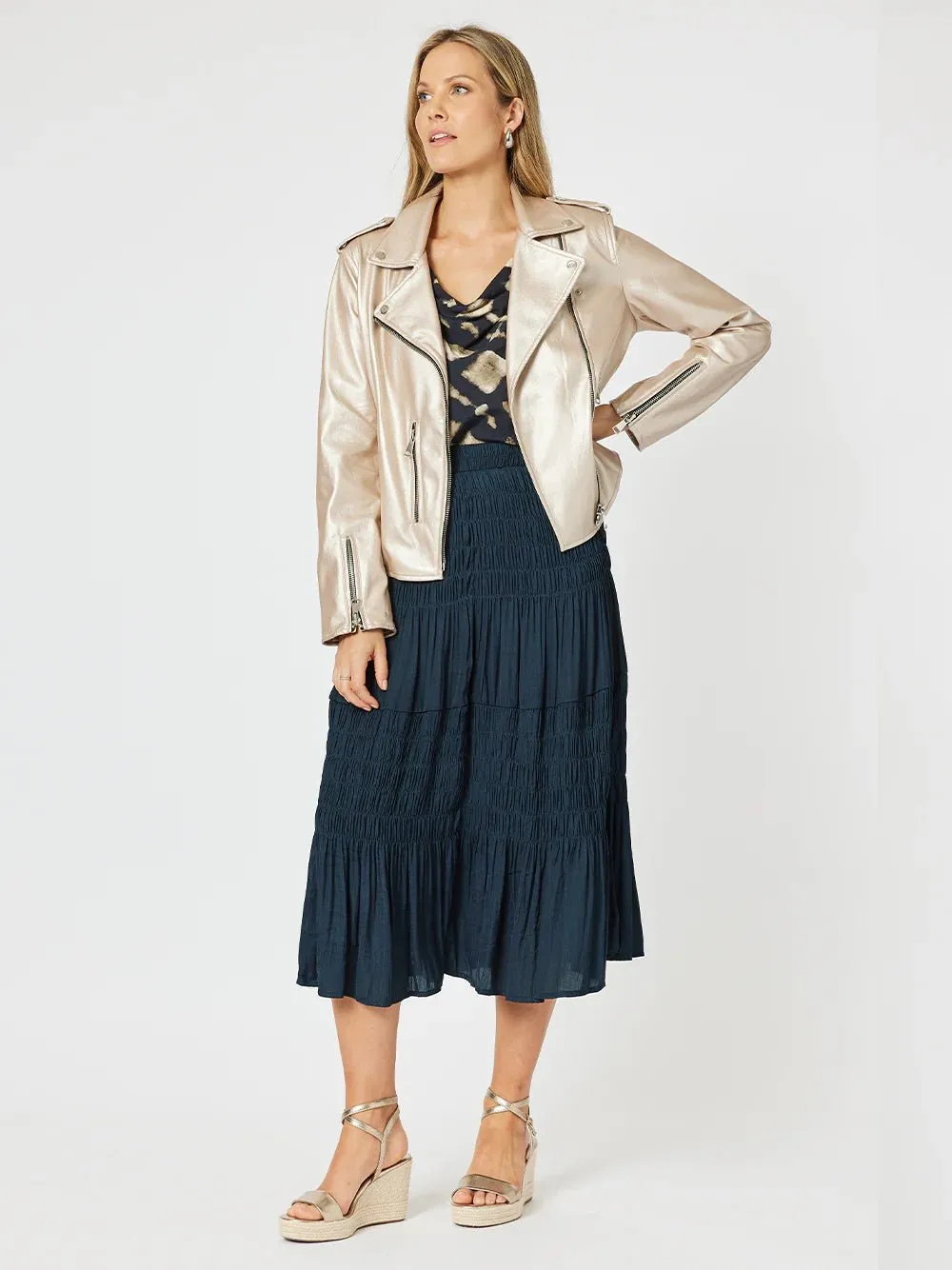 LUXE SHIRRED SKIRT NAVY