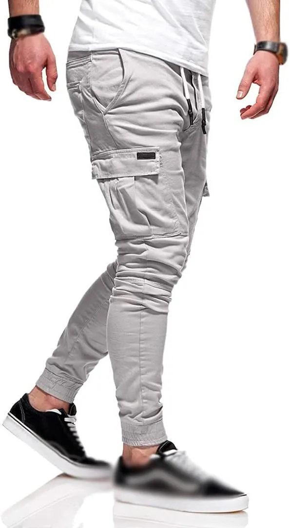 Men Joggers Chino Pants Drawstring Sports Athletic Workout Fitness Track Cargo Tapered Jogging Trousers