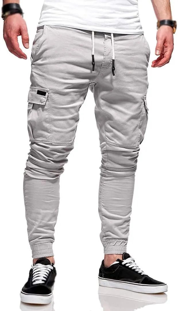 Men Joggers Chino Pants Drawstring Sports Athletic Workout Fitness Track Cargo Tapered Jogging Trousers
