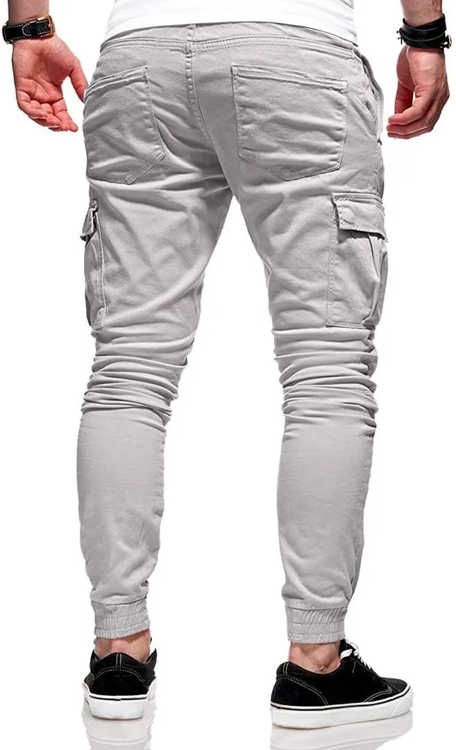 Men Joggers Chino Pants Drawstring Sports Athletic Workout Fitness Track Cargo Tapered Jogging Trousers