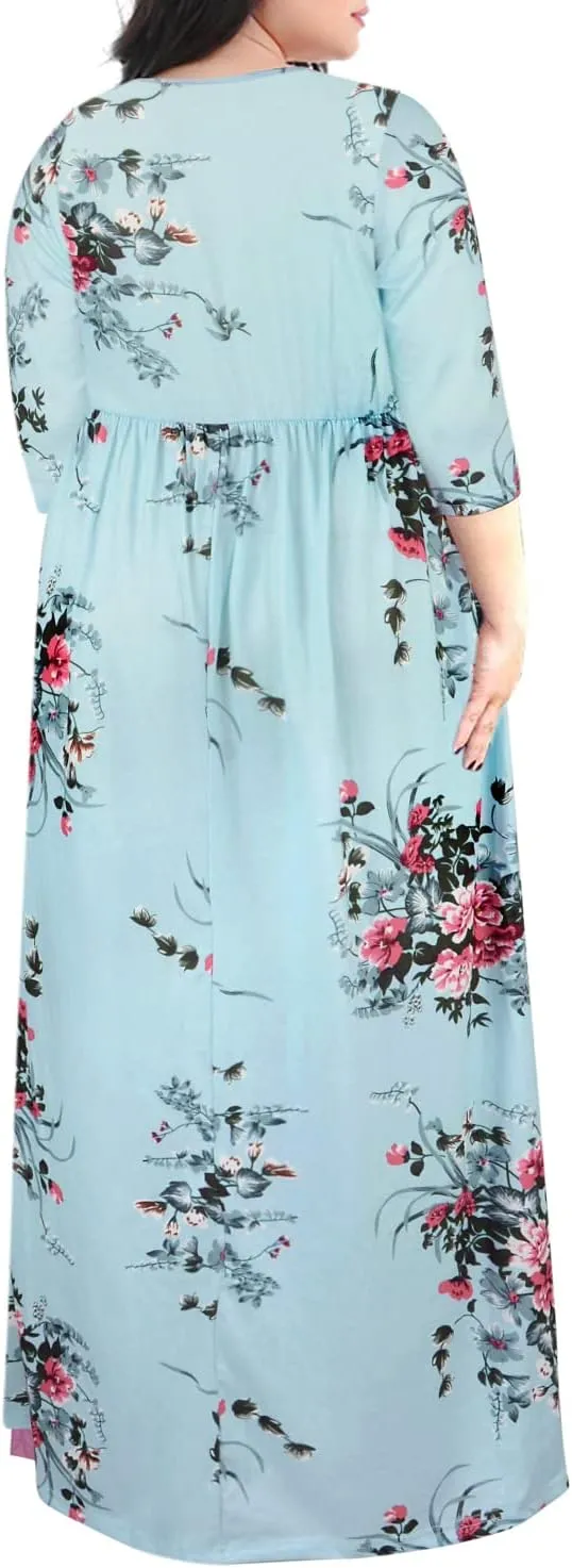 Nemidor Womens Casual V-Neck 3/4 Sleeve Plus Size Long Maxi Dress with Pockets NEM170