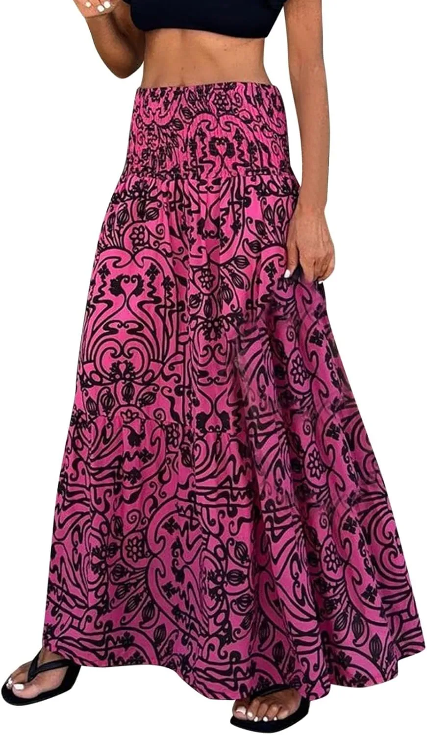 Skirts for Women Trendy Summer Casual High Elastic Waist Retro Boha Floral Print A-Line Ladies Long Maxi Skirts Dress