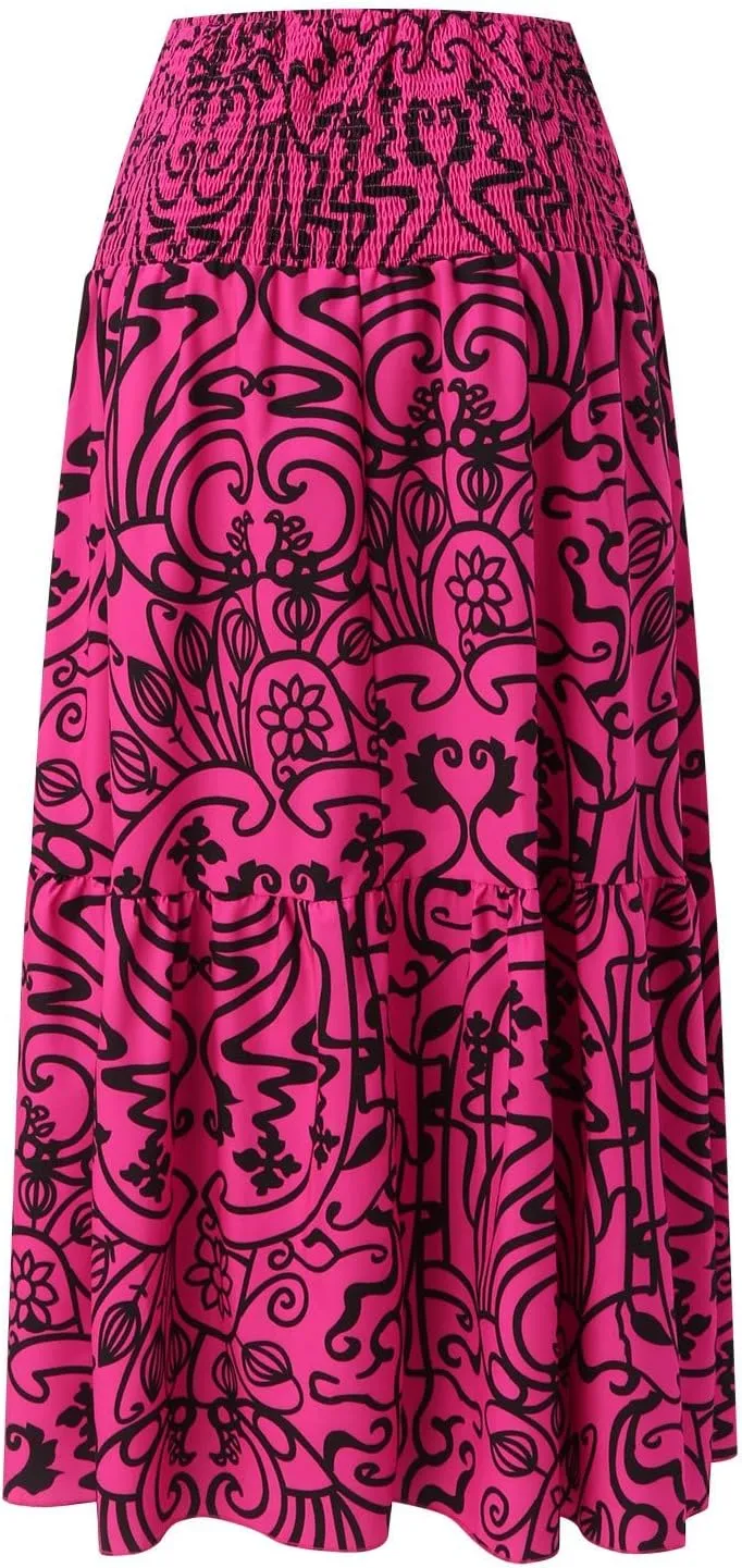 Skirts for Women Trendy Summer Casual High Elastic Waist Retro Boha Floral Print A-Line Ladies Long Maxi Skirts Dress