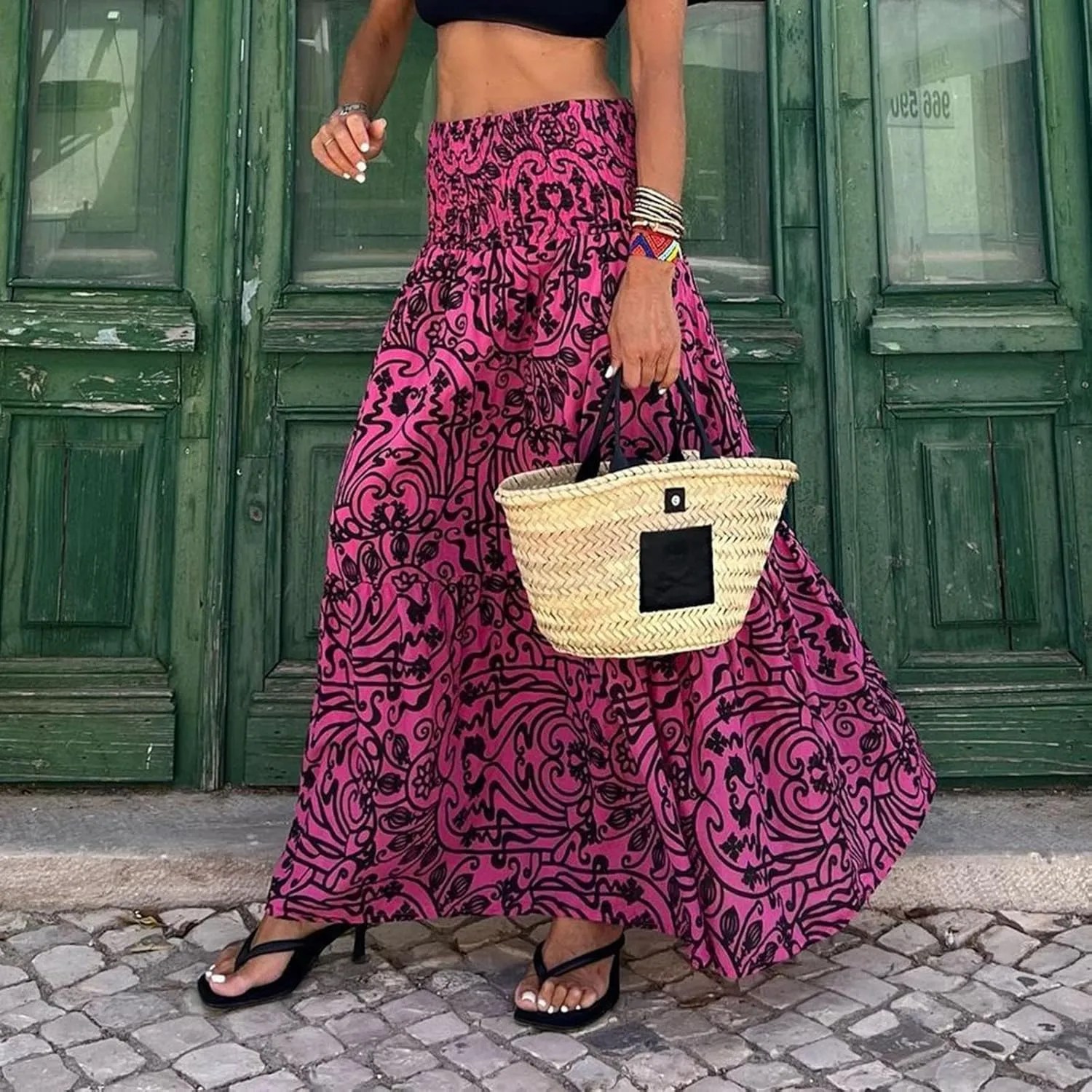 Skirts for Women Trendy Summer Casual High Elastic Waist Retro Boha Floral Print A-Line Ladies Long Maxi Skirts Dress