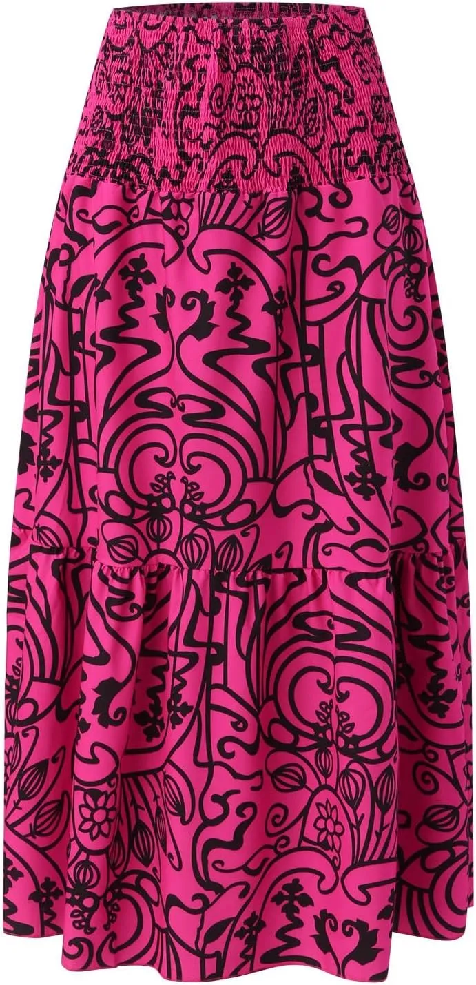 Skirts for Women Trendy Summer Casual High Elastic Waist Retro Boha Floral Print A-Line Ladies Long Maxi Skirts Dress