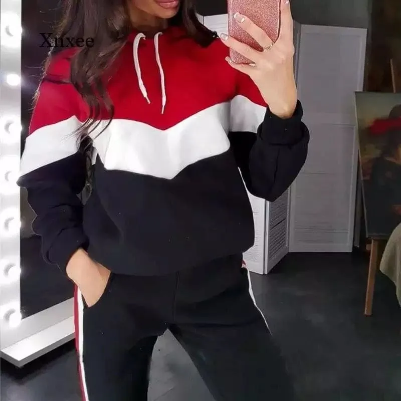 Women's Casual Patch Work Hooded Style Tracksuit, Fabric  Spring and Autumn Women's Sportswear, Two-Pieces Hooded Pilot Sweatshirt, Top and Pants Sports Jogging Suit