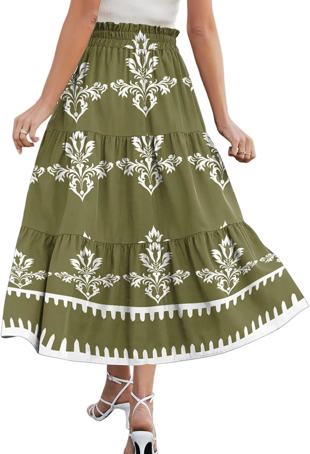 Women's Midi Boho Floral Tiered Skirts Trendy Comfy Flowy A Line Skirt Drawstring High Elastic Waist Skorts with Pockets