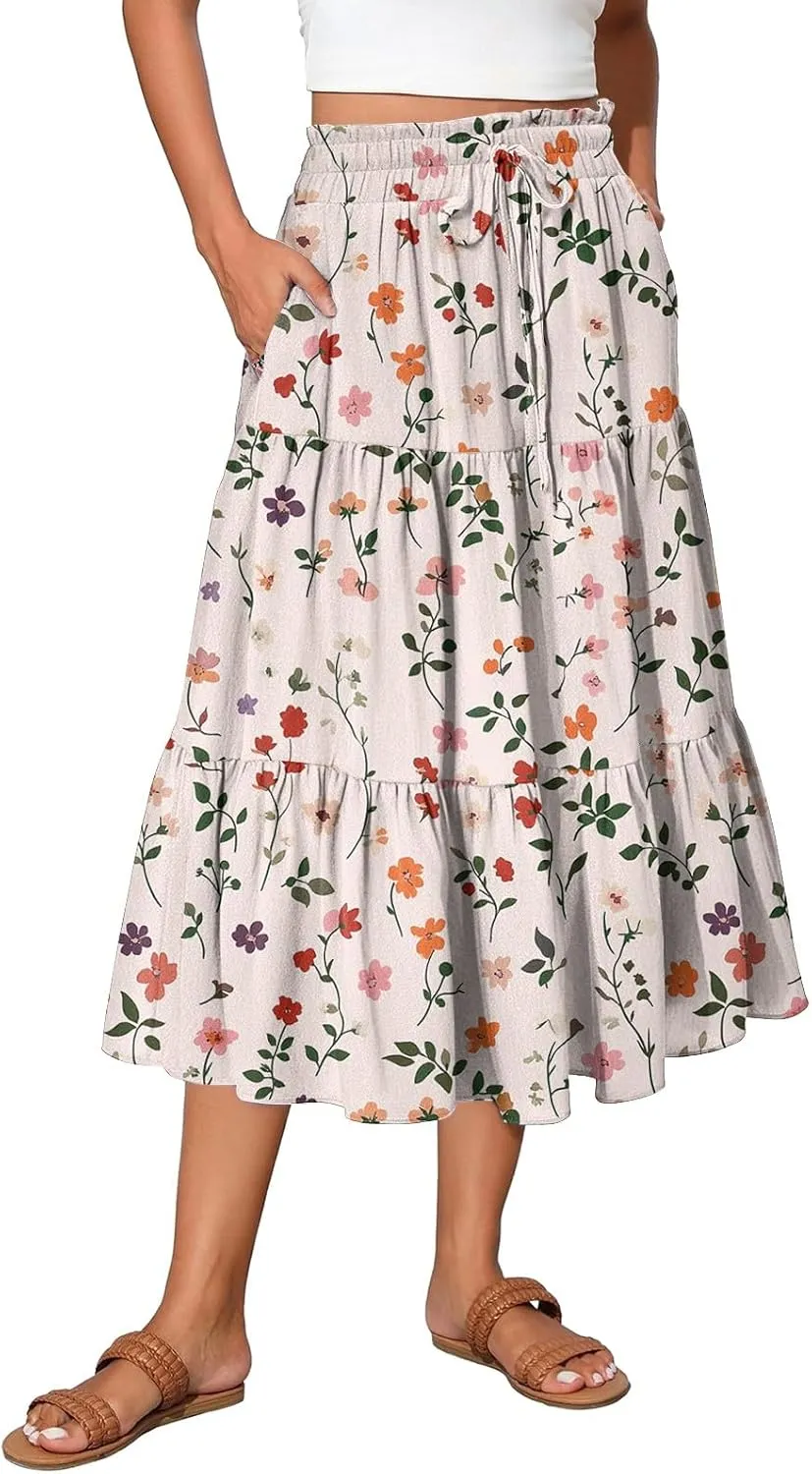 Women's Midi Boho Floral Tiered Skirts Trendy Comfy Flowy A Line Skirt Drawstring High Elastic Waist Skorts with Pockets