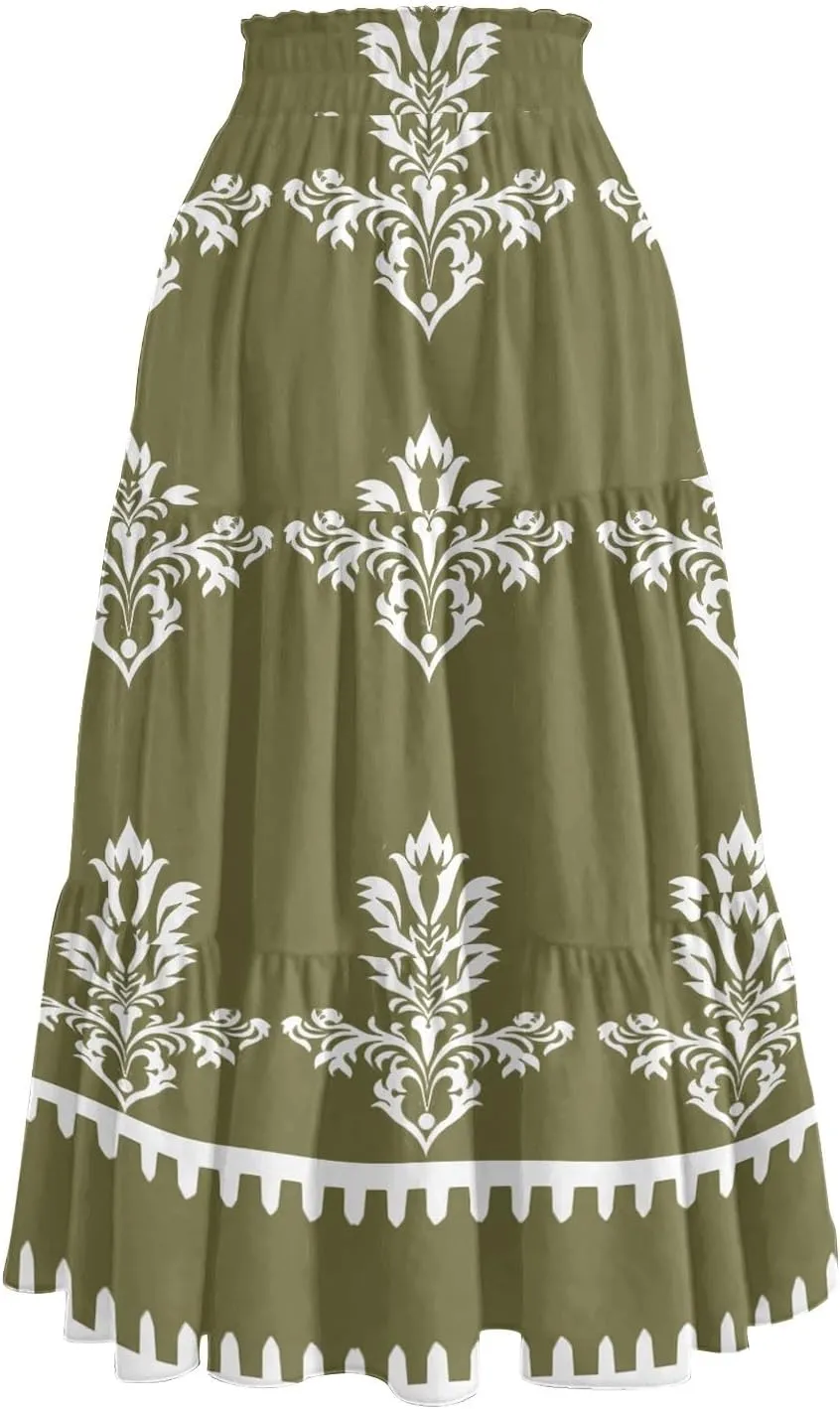 Women's Midi Boho Floral Tiered Skirts Trendy Comfy Flowy A Line Skirt Drawstring High Elastic Waist Skorts with Pockets