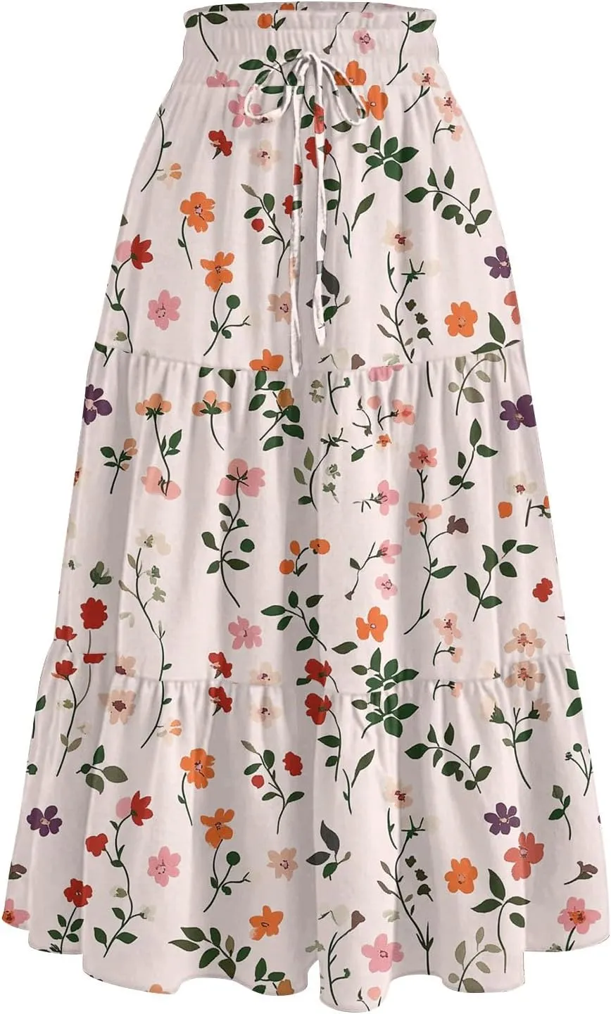 Women's Midi Boho Floral Tiered Skirts Trendy Comfy Flowy A Line Skirt Drawstring High Elastic Waist Skorts with Pockets