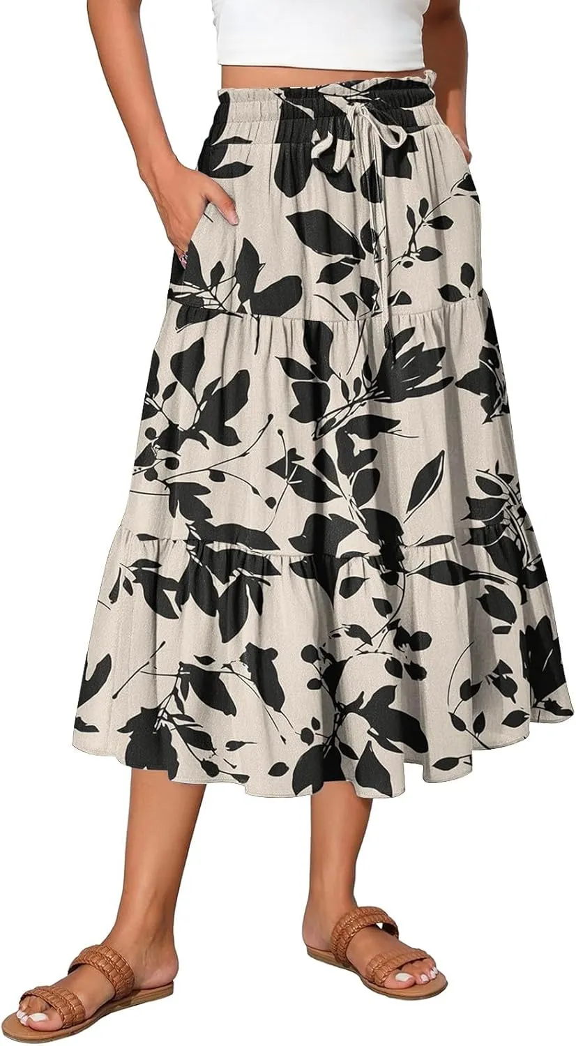Women's Midi Boho Floral Tiered Skirts Trendy Comfy Flowy A Line Skirt Drawstring High Elastic Waist Skorts with Pockets