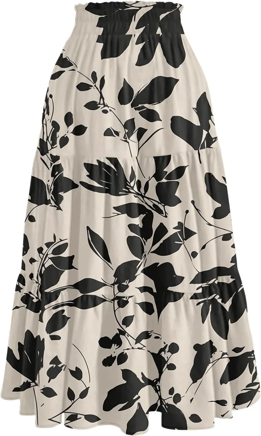 Women's Midi Boho Floral Tiered Skirts Trendy Comfy Flowy A Line Skirt Drawstring High Elastic Waist Skorts with Pockets