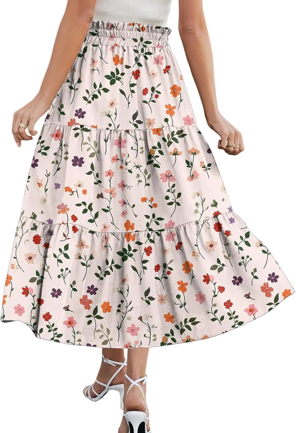 Women's Midi Boho Floral Tiered Skirts Trendy Comfy Flowy A Line Skirt Drawstring High Elastic Waist Skorts with Pockets
