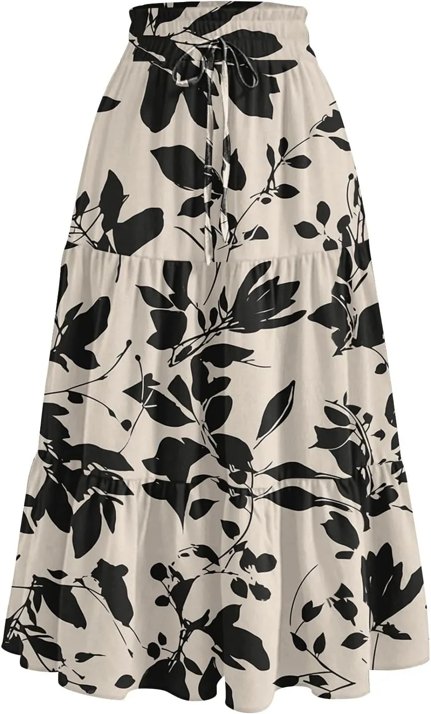 Women's Midi Boho Floral Tiered Skirts Trendy Comfy Flowy A Line Skirt Drawstring High Elastic Waist Skorts with Pockets