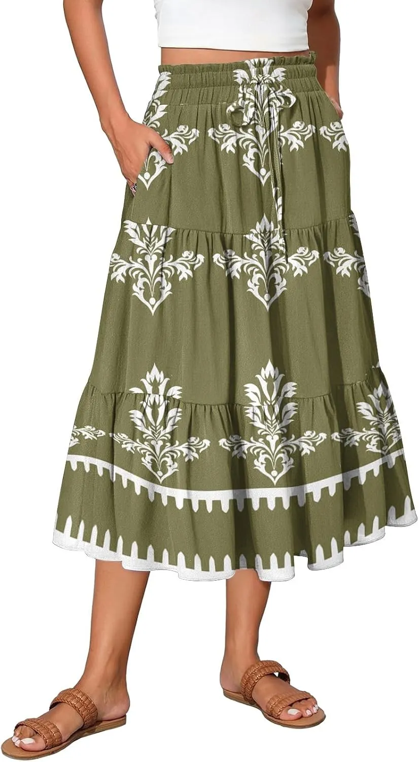 Women's Midi Boho Floral Tiered Skirts Trendy Comfy Flowy A Line Skirt Drawstring High Elastic Waist Skorts with Pockets