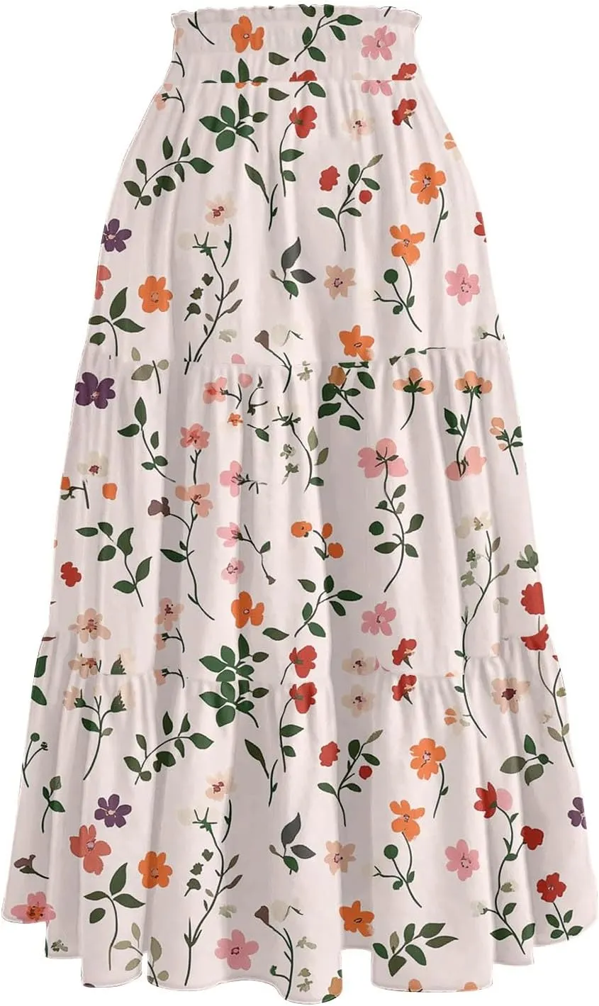 Women's Midi Boho Floral Tiered Skirts Trendy Comfy Flowy A Line Skirt Drawstring High Elastic Waist Skorts with Pockets